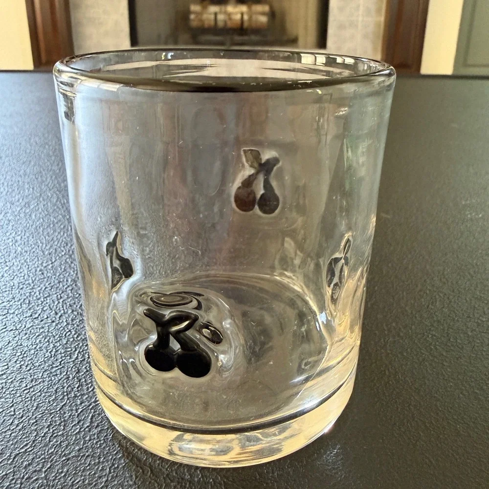Anthropologie Handblown Clear Glass Rocks Tumbler Black Cherry Cherries Rare
